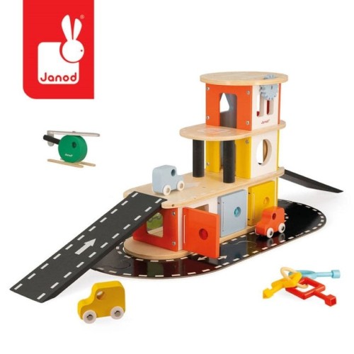Janod, деревянный двухэтажный гараж, комплект с аксессуарами