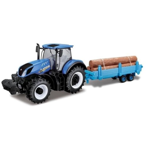 Bburago, New Holland T7.315, трактор с прицепом и тюками соломы, синий, 1: 32