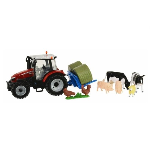 Britains, Massey Ferguson 5612, трактор с подъемником для тюков и фигурами сельских животных, 1: 32