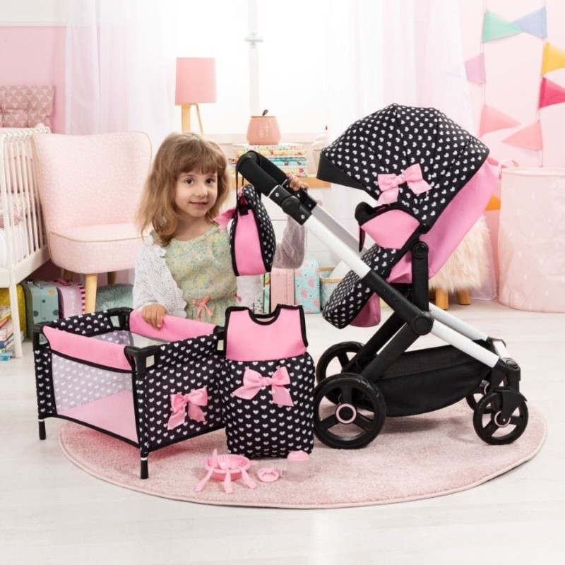 Bayer Design, Xeo Combi, глубокая Кукольная коляска, туристический комплект, сумка и аксессуары, черный и розовый