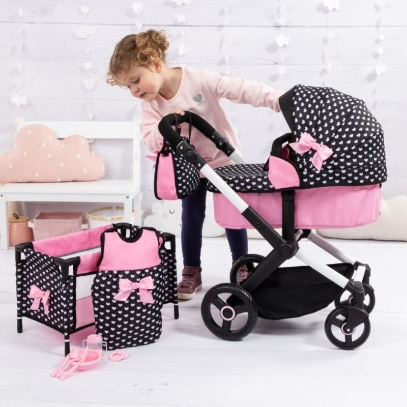 Bayer Design, Xeo Combi, глубокая Кукольная коляска, туристический комплект, сумка и аксессуары, черный и розовый