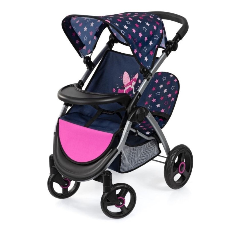 Bayer Design, Jogger Duo, двойная Кукольная коляска с сумкой, темно-синий и розовый с феей