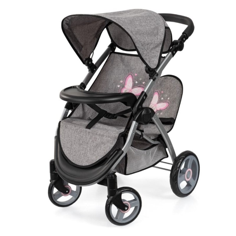 Bayer Design, Jogger Duo, двойная Кукольная коляска с сумкой, серый с бабочкой