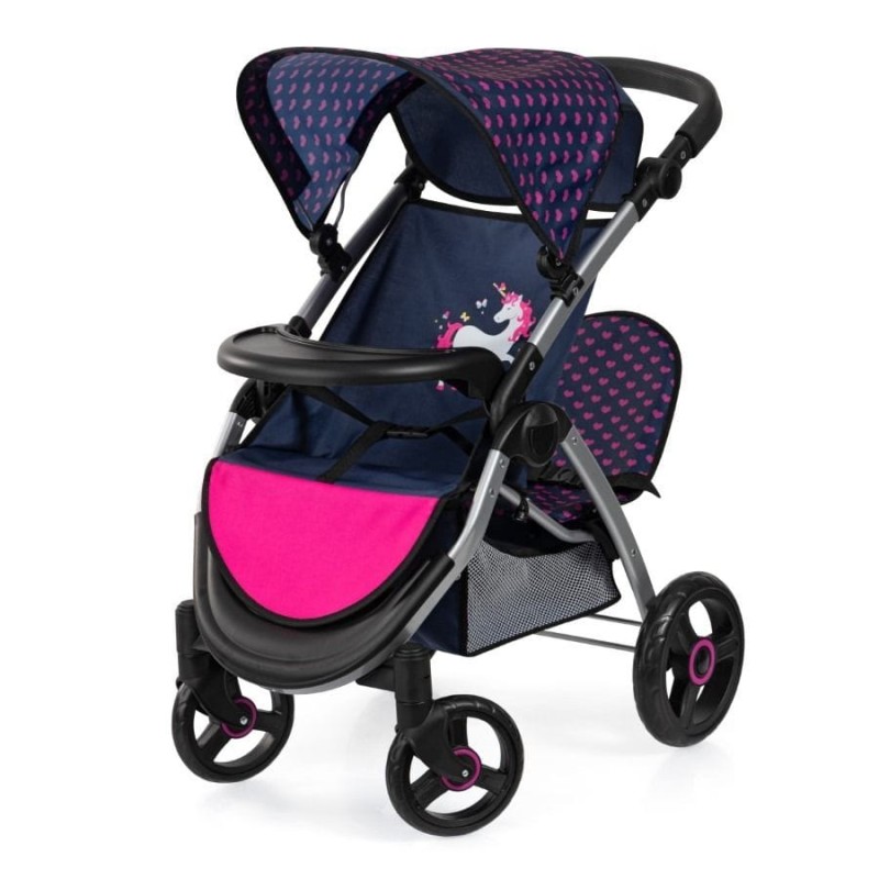 Bayer Design, Jogger Duo, двойная Кукольная коляска с сумкой, темно-синий и розовый с единорогом