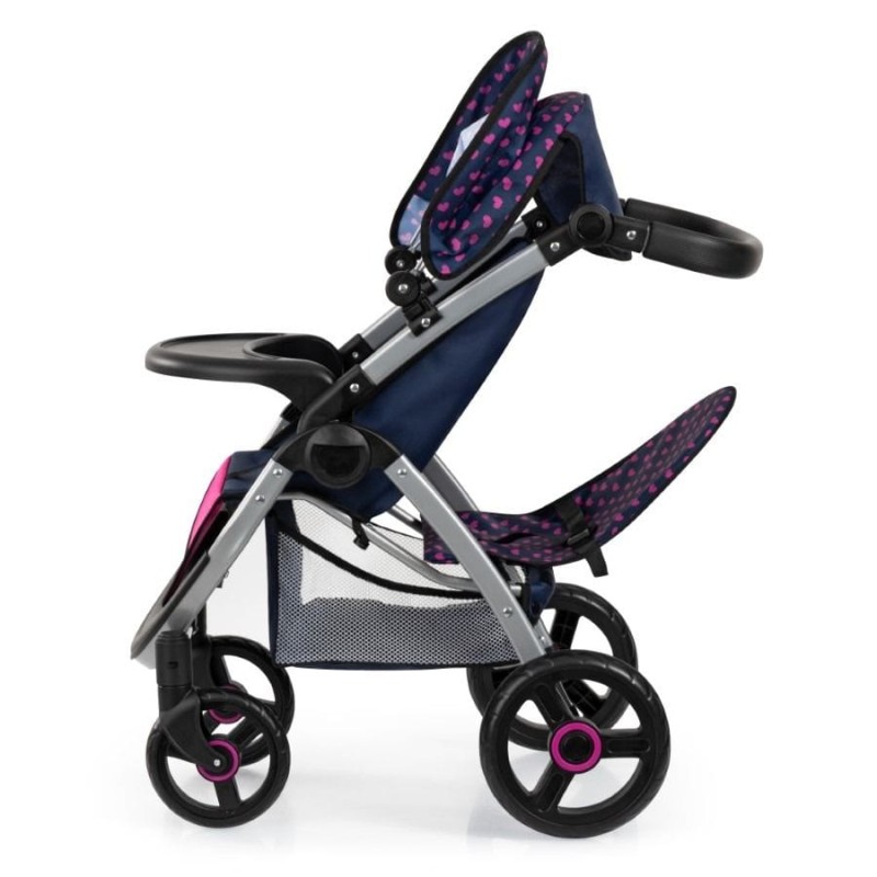 Bayer Design, Jogger Duo, двойная Кукольная коляска с сумкой, темно-синий и розовый с единорогом