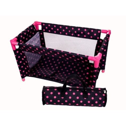 Mariotoys, детская кроватка-манеж для кукол, черный в розовый горошек