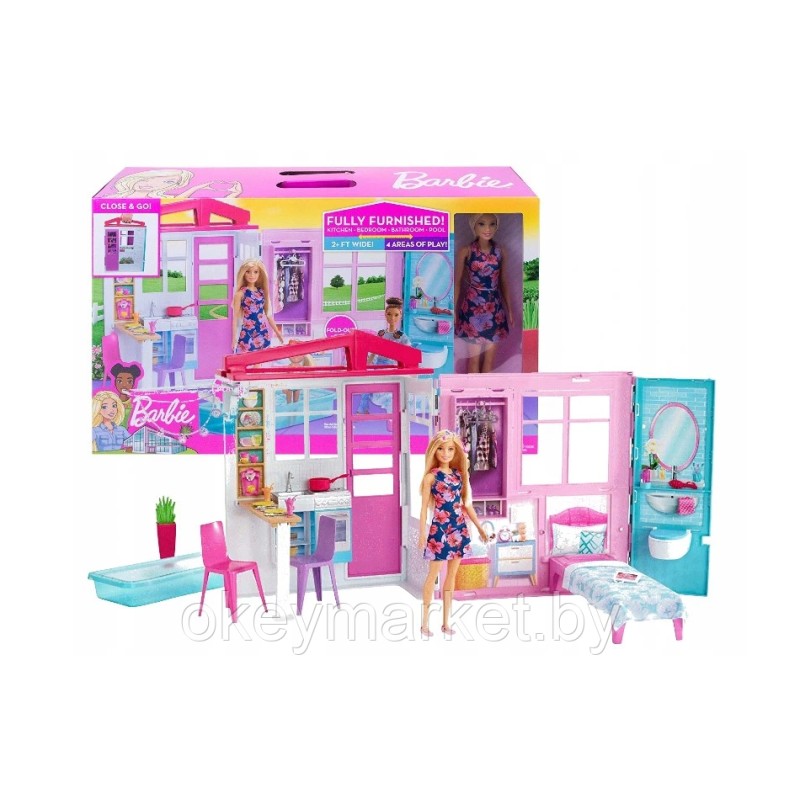 Портативный  дом Barbie с мебелью и аксессуарами + кукла FXG55