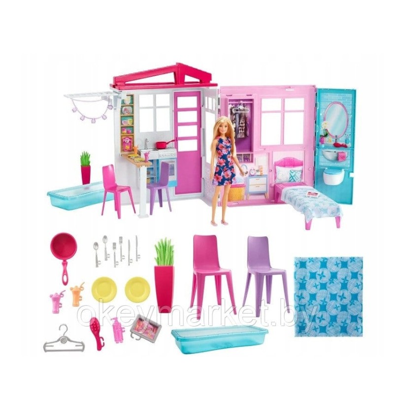 Портативный  дом Barbie с мебелью и аксессуарами + кукла FXG55