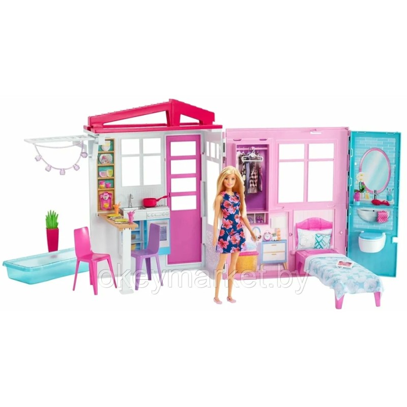 Портативный  дом Barbie с мебелью и аксессуарами + кукла FXG55