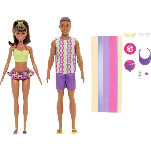 Кукла Mattel Barbie JJP05 Набор «Барби и Кен на пляже»: 2 модные куклы, пляжные образы и аксессуары, 65-летие Кена